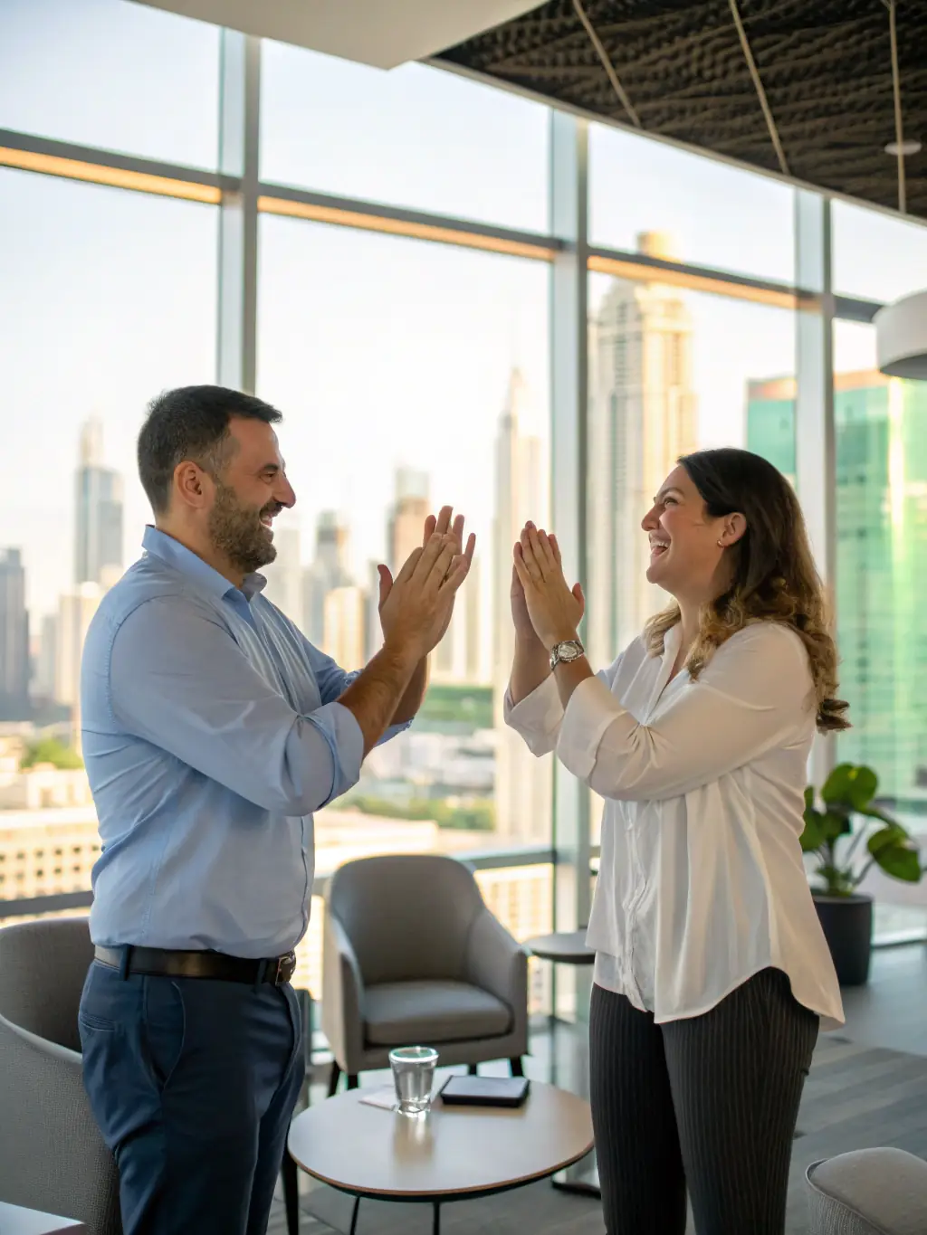 A consultant and client celebrating with a completed project file, both smiling, in a bright office, symbolizing project completion and ongoing support.