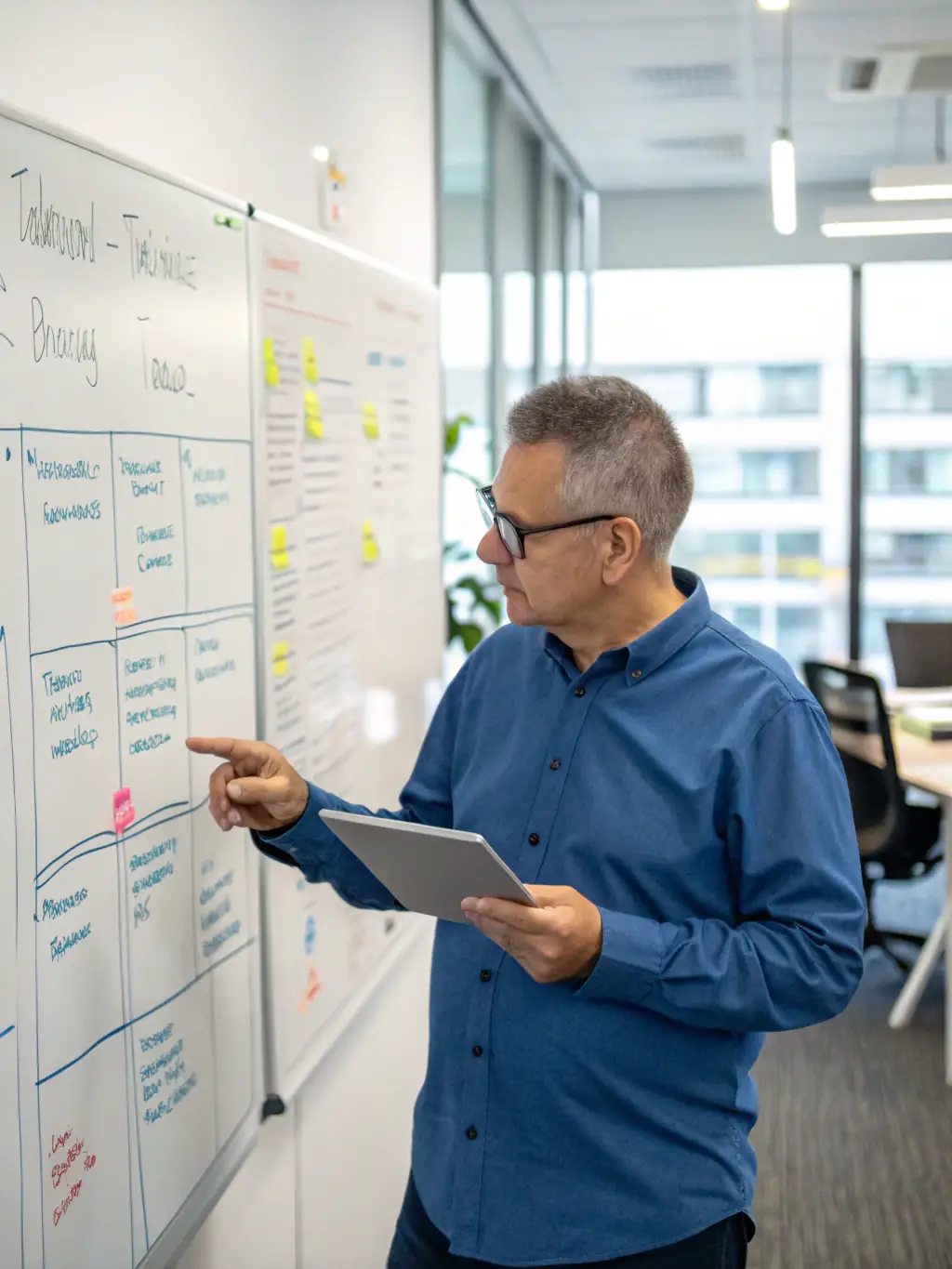 A consultant mapping out a project timeline on a whiteboard, with key milestones and deadlines highlighted, representing the planning and strategy step.