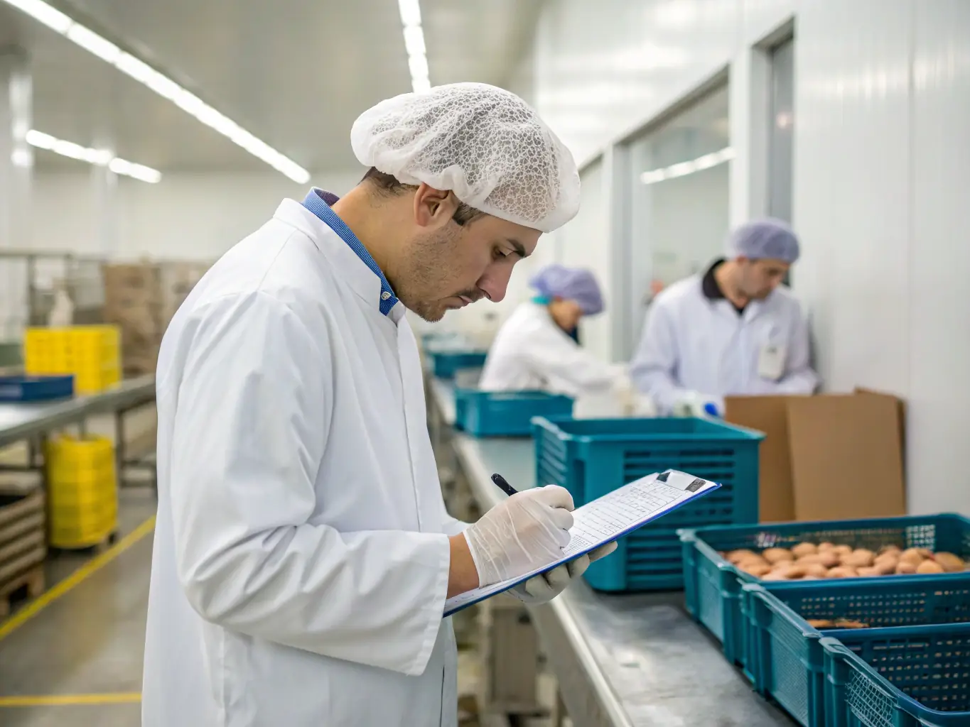 A food industry worker in a kitchen environment receiving HACCP training from an instructor, with visible safety posters and certification materials, emphasizing food safety and compliance.