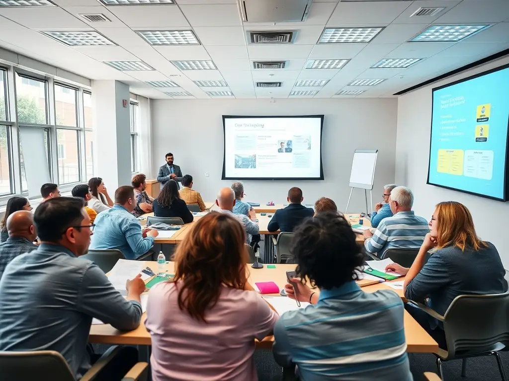 A diverse group of adults in a modern classroom setting, actively participating in a training session with a professional instructor, representing qualiopi-certified training and coaching programs.