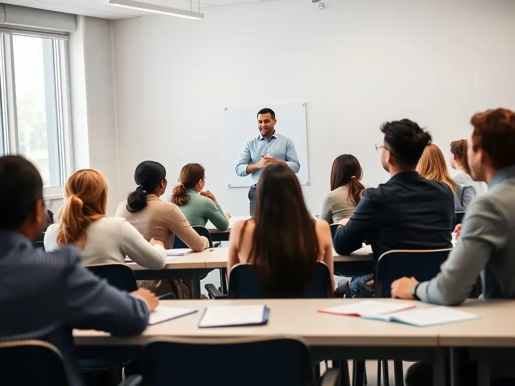 A diverse group of adults in a modern classroom setting, engaging with a professional trainer using a digital whiteboard, representing qualiopi-certified training programs for career advancement.