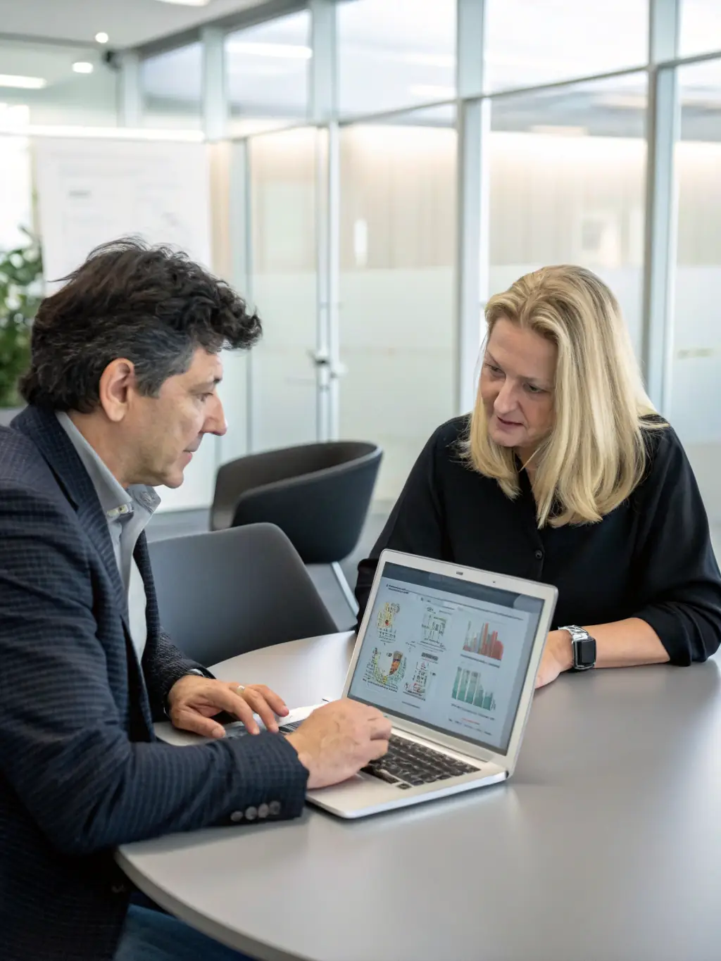 A professional consultant and a client sitting at a desk, reviewing project documents together in a bright, welcoming office, symbolizing the initial project assessment phase.