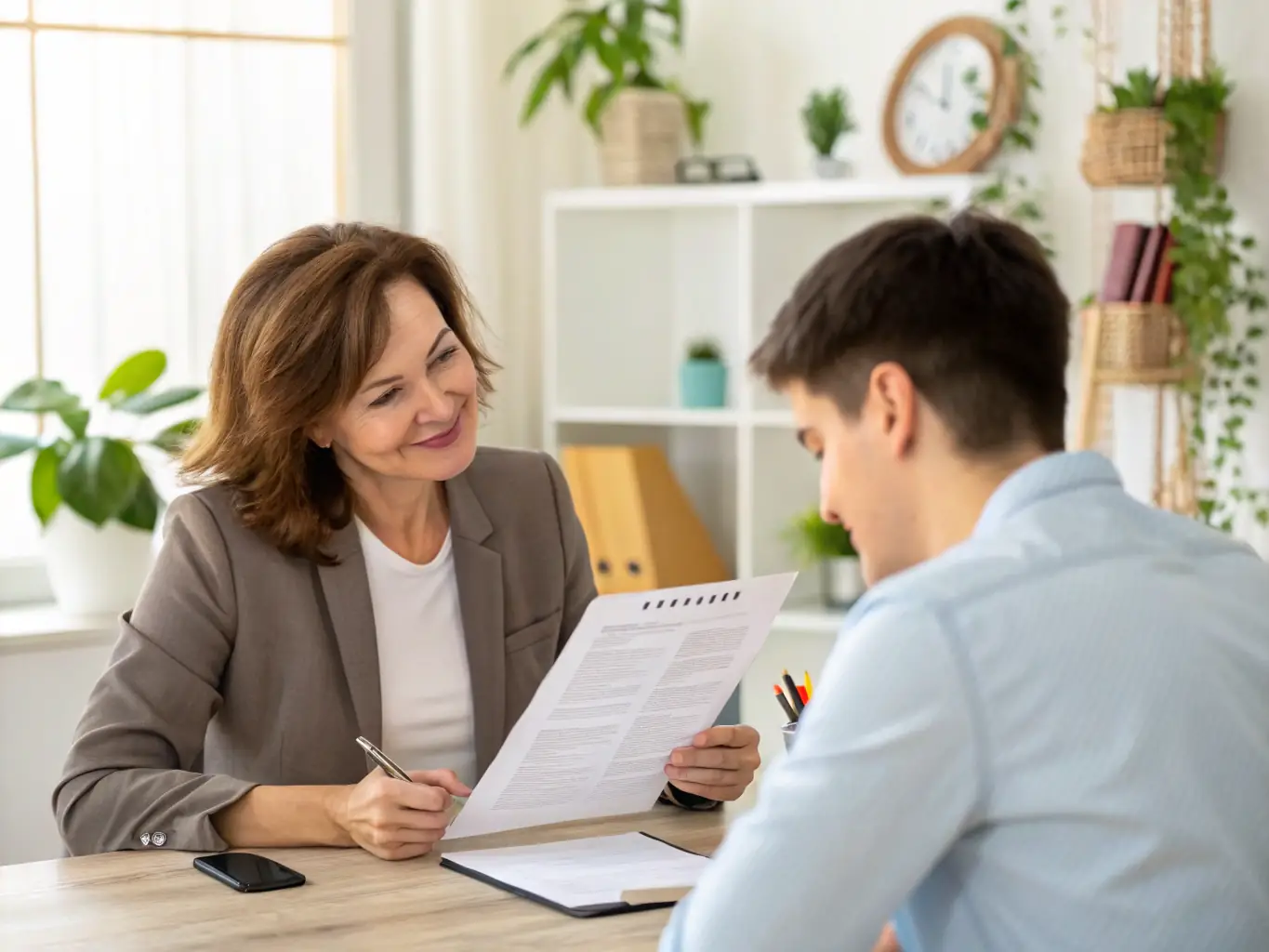 A supportive coach guiding a job seeker through a resume review and interview preparation, with visible job search resources and a welcoming office environment, representing employment support services.