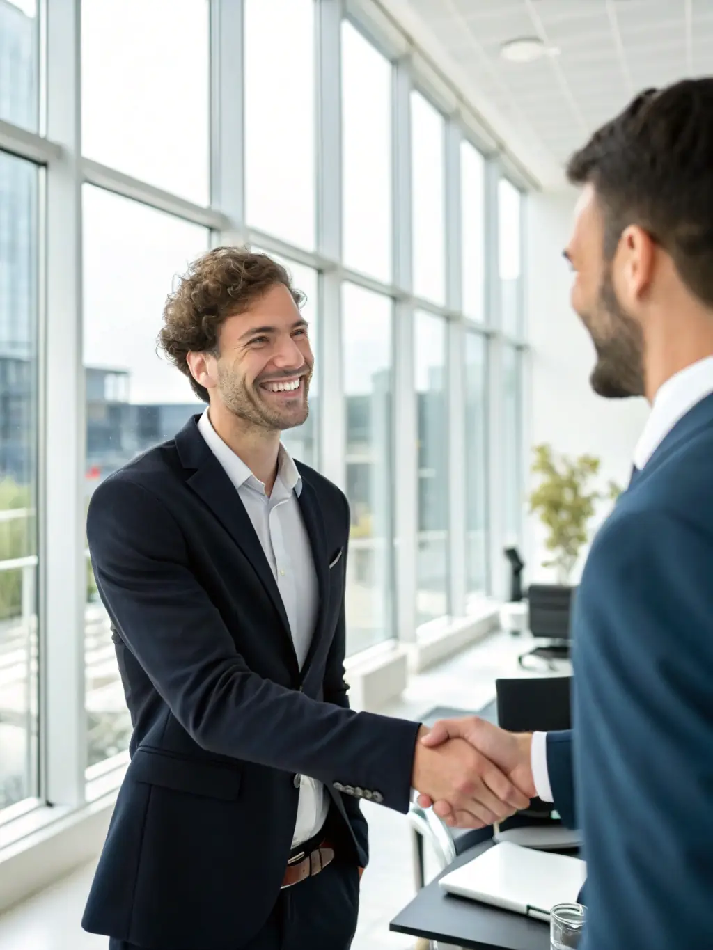 A consultant introducing the client to a trusted partner, shaking hands in a modern office, illustrating the connection to reliable partners.