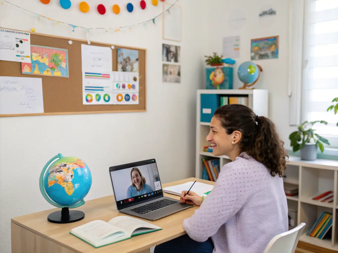 A friendly language instructor engaging with students of various backgrounds, with language learning materials and digital tools visible, illustrating interactive language courses for adults.